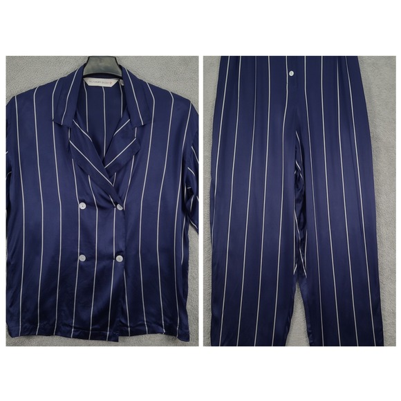 Vintage Victorias Secret Navy White Stripe Silk Pajama Set Top Pants Med/Lg P
